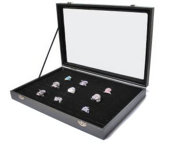 Schmuckkasten Schmucklade Schaukasten Schmuckdisplay mit Glasdeckel mit 100 Schlitze für Breite Ringe schwarz